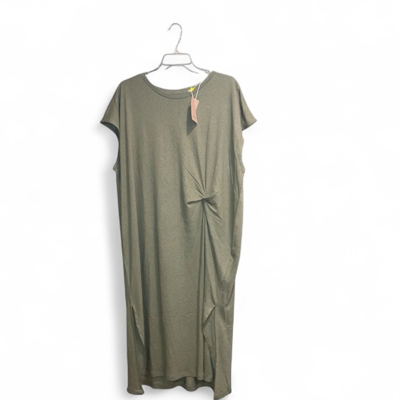 Linen Dress Shortsleeved Side Slits - Olive Green - XXL (16-18) - Picture 3 of 6